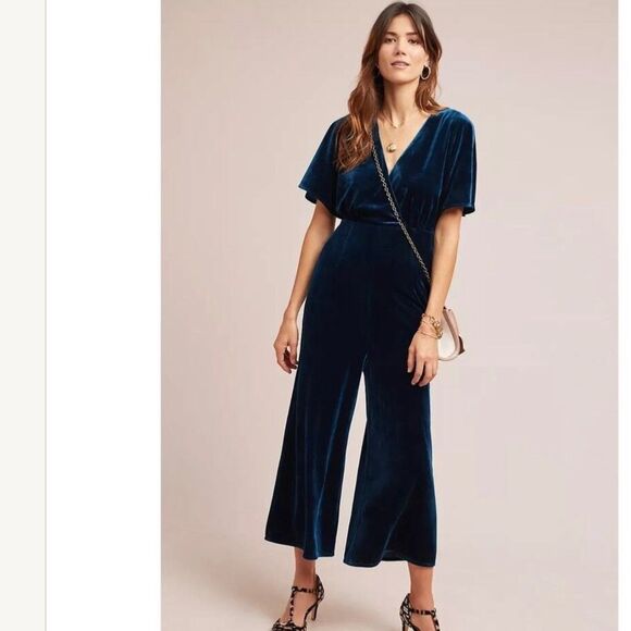 Anthropologie Greylin Luna Velvet Jumpsuit Blue Velour Women Size M Holiday - Picture 1 of 13